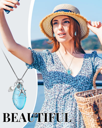 Yinkin 2 Pcs Sea Glass Jewelry Necklace Earrings Sea Glass Gift Set Starfish Ocean Beach Themed Necklace Blue Freshwater Pearls Earring Handmade Jewelry with Gift Box for Women Girls