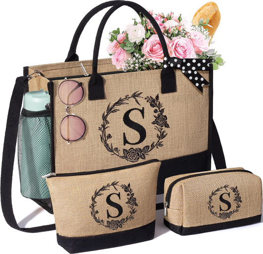 Personalized Gifts for Women Tote Bag, Initial Jute Tote Bag & Makeup Bags Monogrammed Beach Bag w/ Zipper, Mothers Day Birthday Gifts for Women Her Friends Mom Daughter Sister Grandma Teacher Nurse