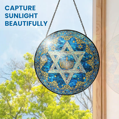 FLAGWIX Hanukkah Gifts for Women Men - Star of David Stained Glass Window Hanging 8 in - Hanukkah Sun Catcher Hanging Decor, Chanukah Suncatchers for Garden Decor, Religious Spiritual Gifts for Mom