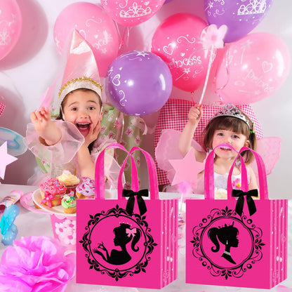 C L cooper life 12pcs Hot Pink Girl Party Gift Treat Bags with Handles Pink Girl Grocery Shopping Bag Princess Theme Non-Woven Bags for Girls Birthday Party Ladies Bachelorette Party Supplies