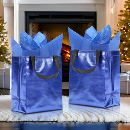 KeerxunBag 12pcs Reusable Gift Bags（Includes Tissue Paper） Gift bag with handle Birthdays Parties Holidays Weddings Medium 10x4x8in blue Gift Bags