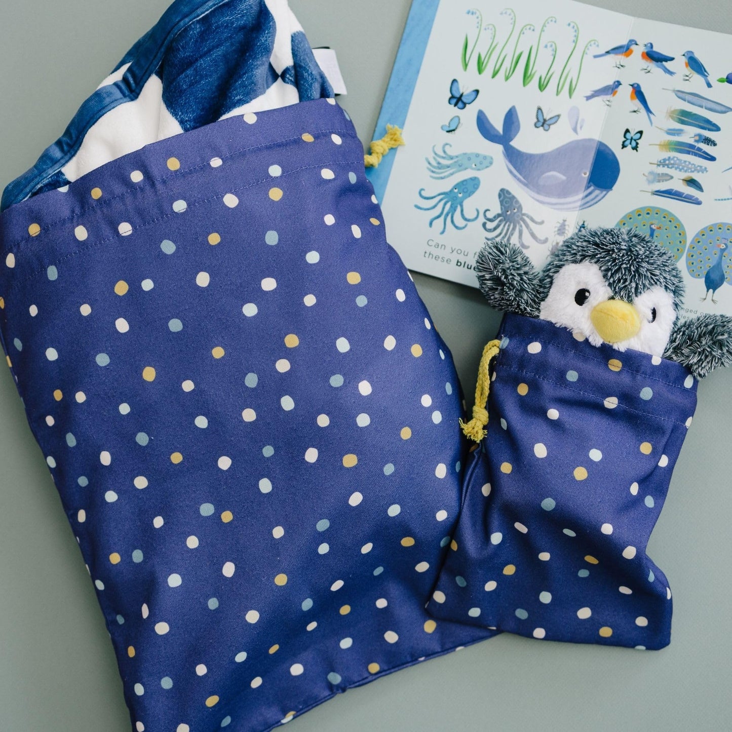 Gather & Knot Dot Gift Bags | Reusable Fabric Drawstring Bags | Large 20” & Small 12” | Premium Canvas Wrap for Birthdays, Showers & Gifting | Navy Painted Dots
