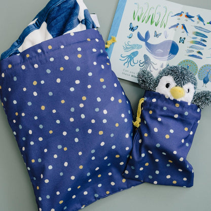 Gather & Knot Dot Gift Bags | Reusable Fabric Drawstring Bags | Large 20” & Small 12” | Premium Canvas Wrap for Birthdays, Showers & Gifting | Navy Painted Dots