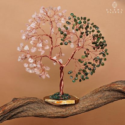 Handmade Healing Crystal Tree of Life Green Aventurine & Rose Quartz Chakra Tree for Money, Good Luck, Feng Shui Home Decor, Living Room Office Deocration, Unique Birthday Gifts for Women, Men, Mom