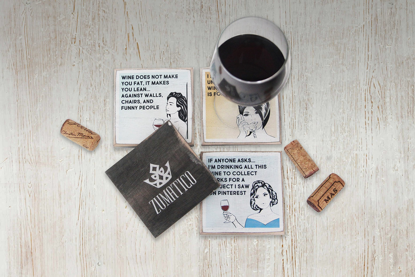 Wine Coasters with Holder - Funny Gifts for Women - Hostess Gifts - Housewarming Gifts for Wine Lovers - Wine Accessories (Funny Wine)
