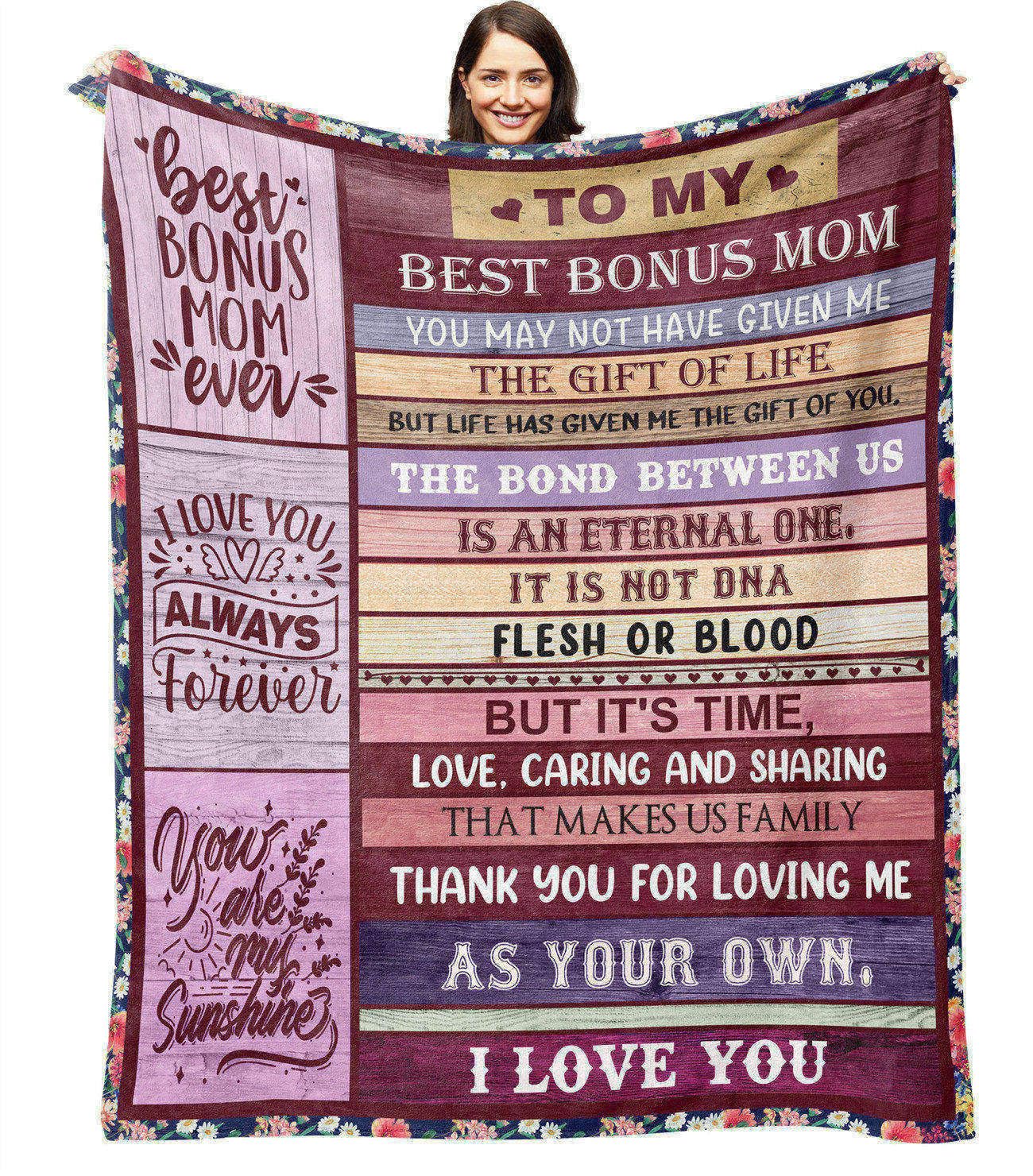 Gifts for Bonus Mom from Daughter, Bonus Moms Blanket Birthday Gifts from Son Mothers Day Christmas Bday Presents for Mother in Law Step Mom Stepmom 50" X 60"