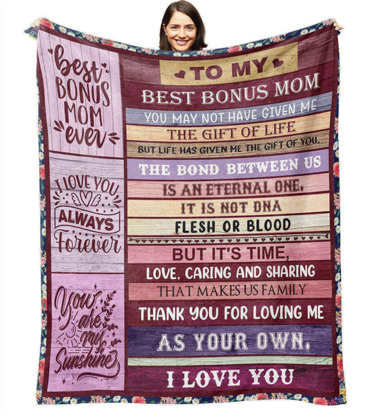 Gifts for Bonus Mom from Daughter, Bonus Moms Blanket Birthday Gifts from Son Mothers Day Christmas Bday Presents for Mother in Law Step Mom Stepmom 50" X 60"