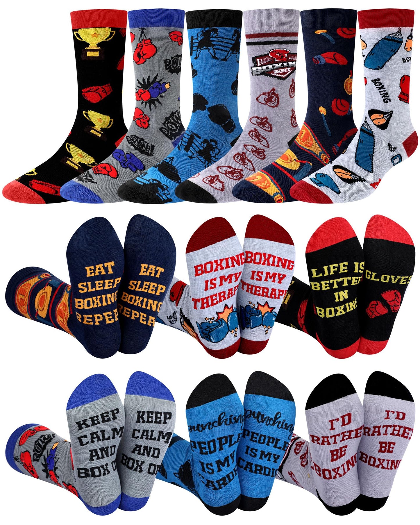 6 Pairs Novelty Sports Gifts for Men Cotton Crew Socks Father Gift for Wrestling Swim Fencing Boxing Dive Lover