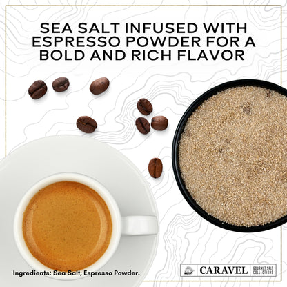 Espresso Infused Sea Salt with Bold and Rich Flavor – Premium Infused Salt that Bring Earthy Flavor – Espresso Gift for Coffee Lovers – 4 oz Jar by Caravel Gourmet