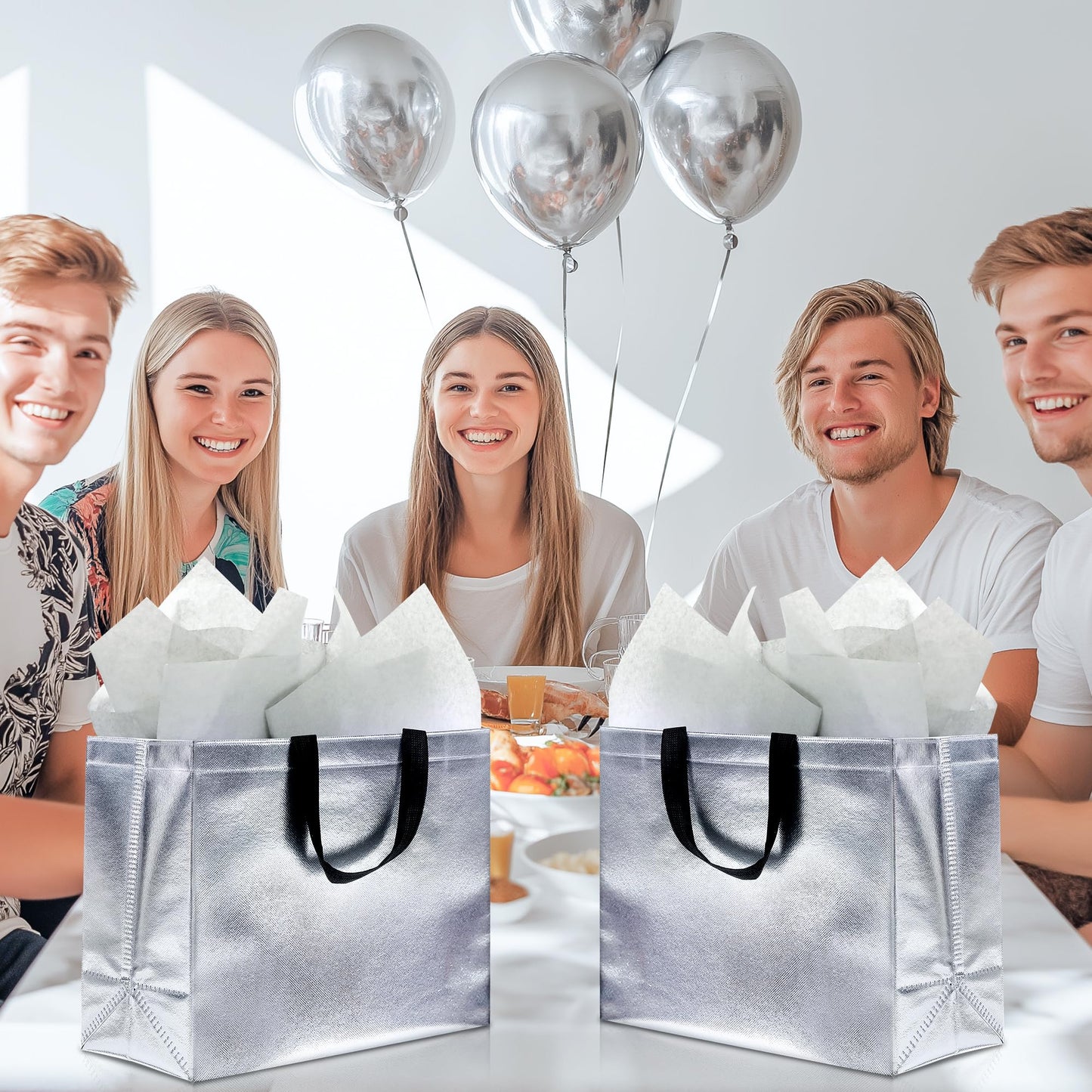 KeerxunBag 12Pcs Reusable Gift Bags（Includes Tissue Paper） Gift bag with handle Birthdays Parties Holidays Weddings Medium 13x5x11in Silver Gift Bags