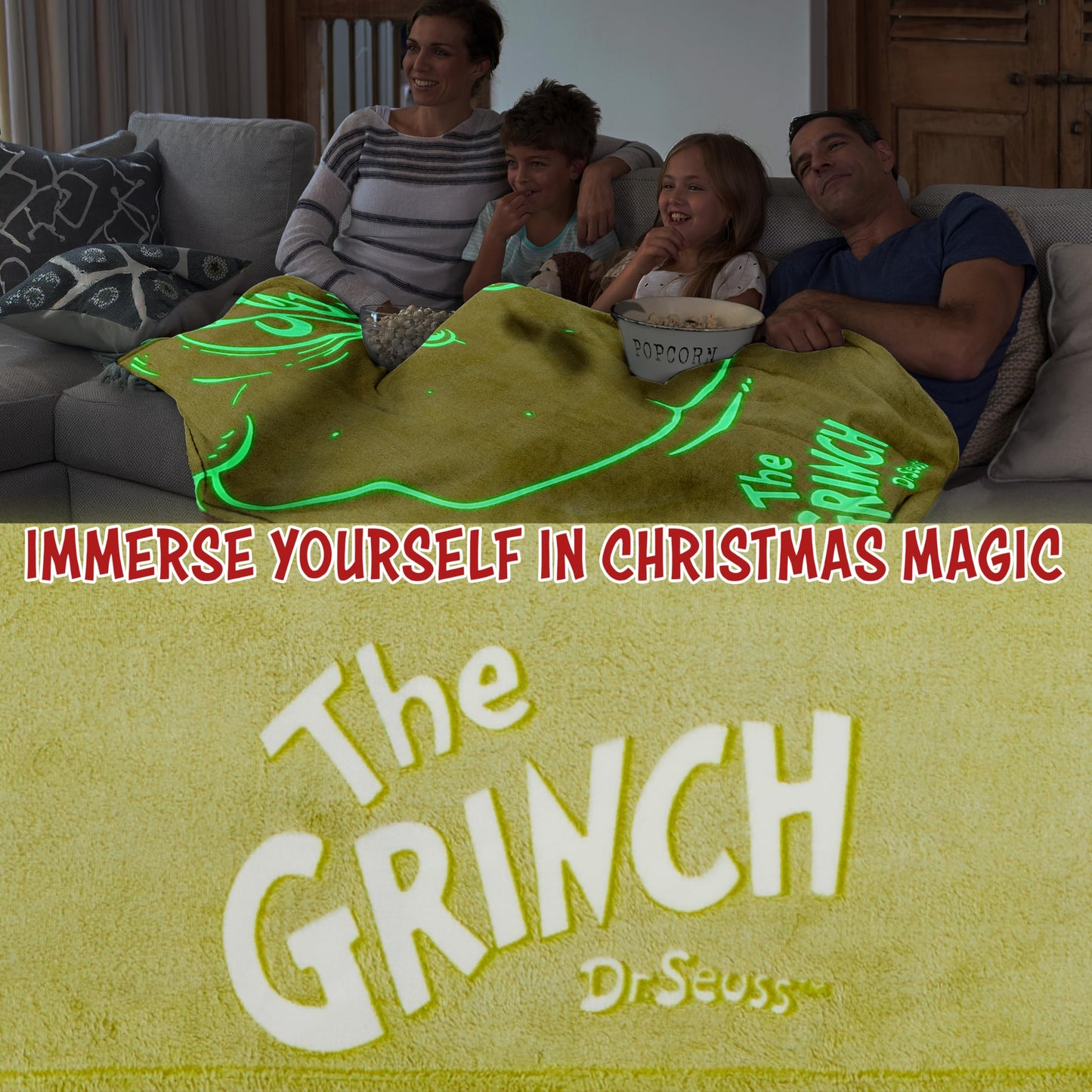 The Grinch Glow in the Dark Throw Blanket 51x59” for Kids Teens Adults, Soft Fleece Blanket for Sofa Bed, Cozy Warm Gifts for Kids (Green Grinch)
