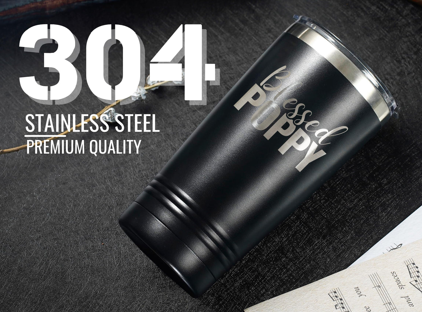 Onebttl Poppy Gifts, Grandpa Gifts from Grandchildren, Father's Day Gifts for Poppy, Laser Engraved Design, 20oz/590ml, Stainless Steel Tumbler with Straw & Lid, Black - Blessed Poppy