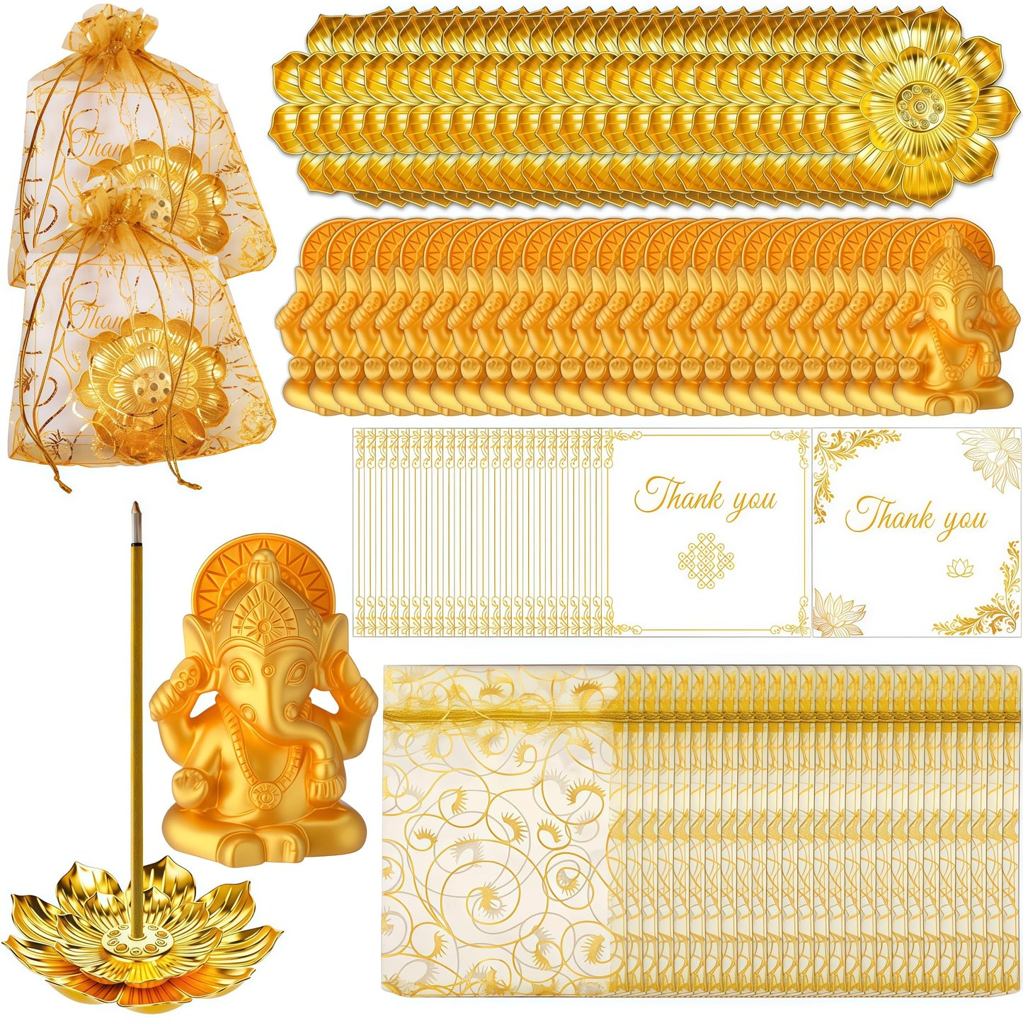 120 Pack Diwali Gifts Bulk with 30 Lotus Incense Holders, 30 Mini Golden Ganesha Ornaments, Organza Bags & Thank You Cards – Indian Return Gifts for Pooja, Festivals & Celebrations (Golden Set) (30)