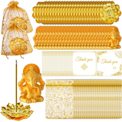 120 Pack Diwali Gifts Bulk with 30 Lotus Incense Holders, 30 Mini Golden Ganesha Ornaments, Organza Bags & Thank You Cards – Indian Return Gifts for Pooja, Festivals & Celebrations (Golden Set) (30)