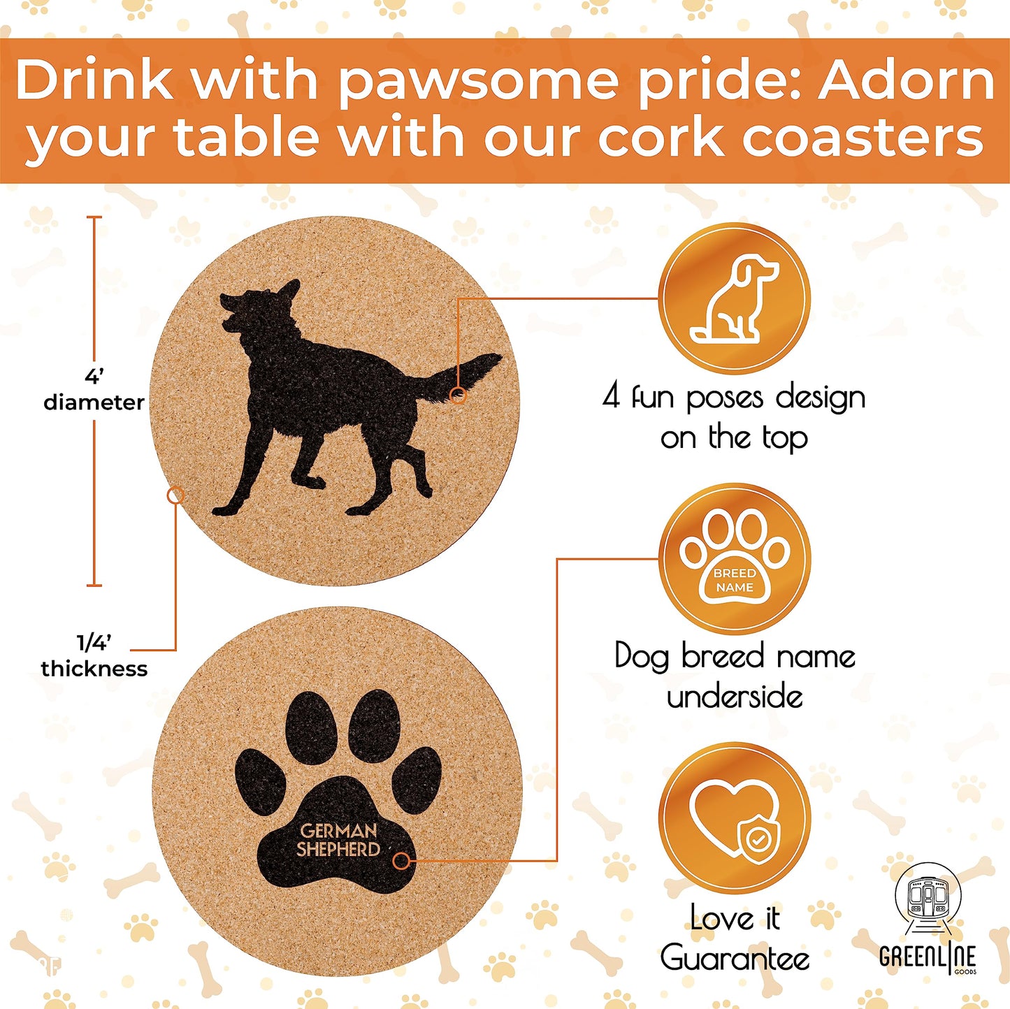 German Shepherd Lovers Cork Drink Coasters - Set of 4 With Protective Bottom | Dog Decor for Drinks | Great Gift Idea for Shepherd Moms & Dads
