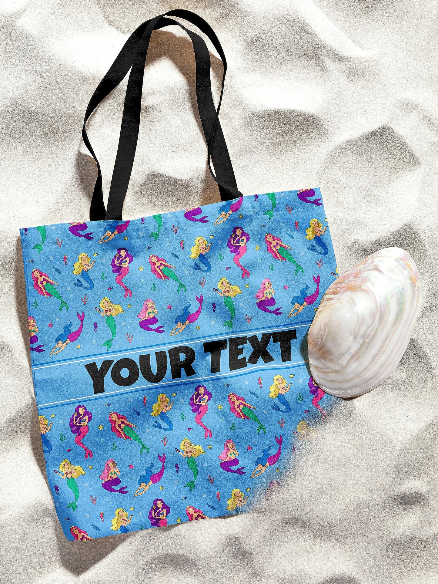 Personalized Tote Bag - Mermaids, Custom Name/Text, Reusable w/Straps, Canvas Cloth Fabric, Customized Gift Idea, Birthday/Christmas/Holiday Present, 18x18