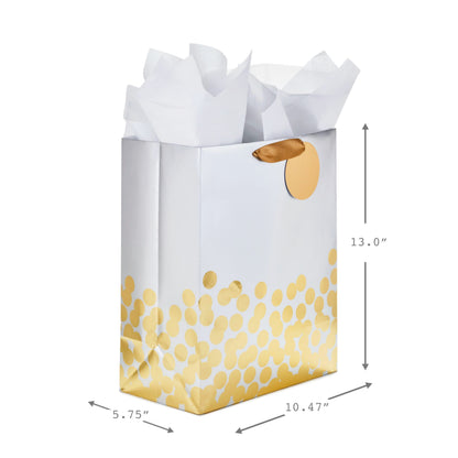 Hallmark 13" Large Gift Bag with Tissue Paper (Gold Foil Dots on Silver) for Valentine's Day, Graduations, Engagements, Bridal Showers, Weddings, Any Occasion