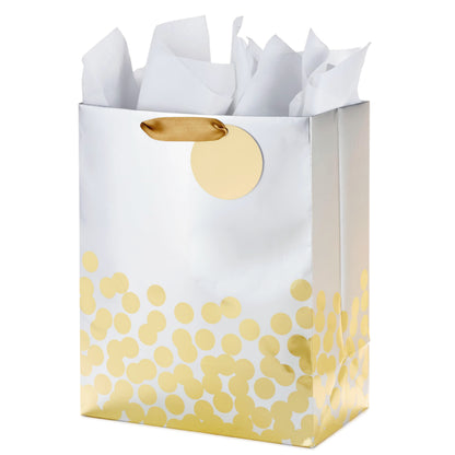 Hallmark 13" Large Gift Bag with Tissue Paper (Gold Foil Dots on Silver) for Valentine's Day, Graduations, Engagements, Bridal Showers, Weddings, Any Occasion