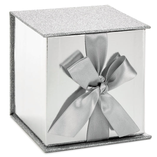 Hallmark Small Gift Box with Bow and Shredded Paper Fill (Silver Signature 4 inch Gift Box with Glitter) for Weddings, Graduations, Bridal Showers, Anniversaries, All Occasion