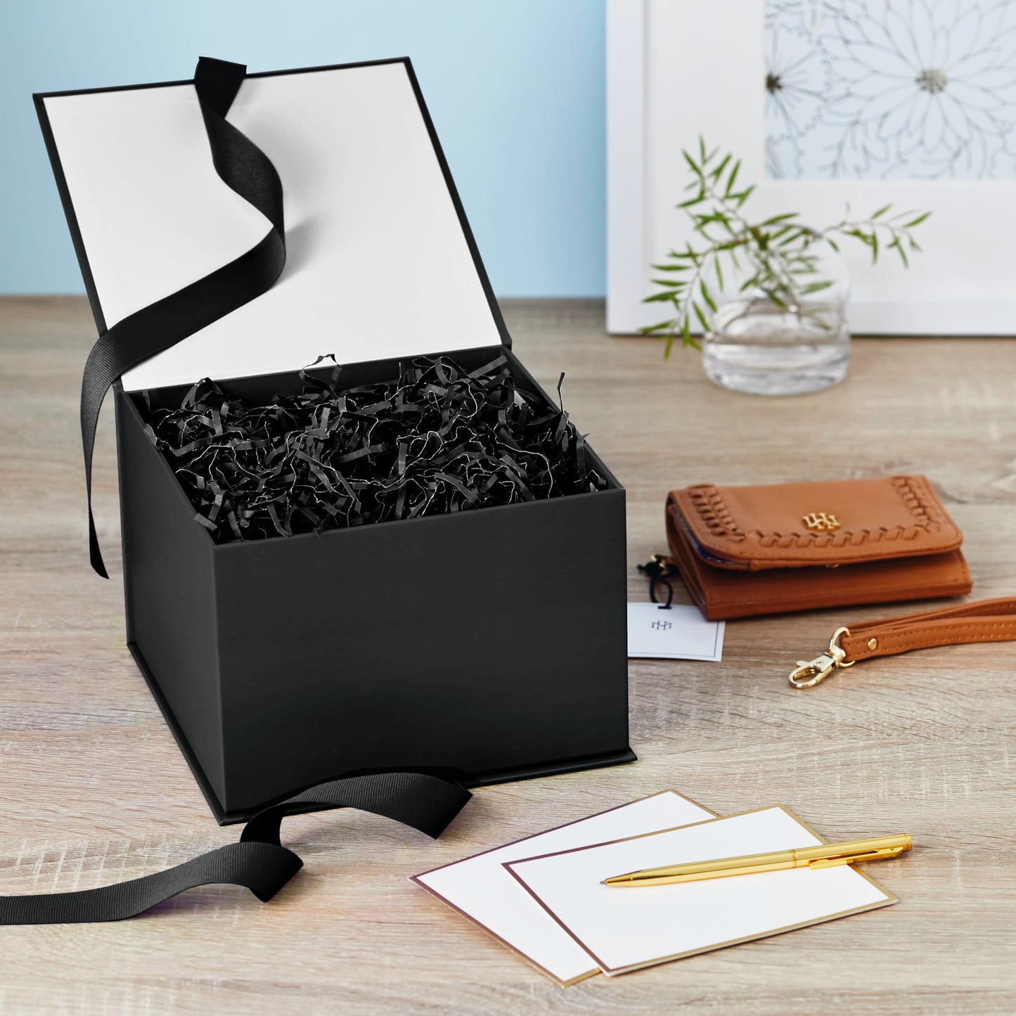 Hallmark Medium Gift Box with Lid and Shredded Paper Fill (Black 7 inch Box) for Weddings, Graduations, Birthdays, Father's Day, Groomsmen Gifts, All Occasion