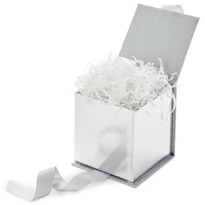 Hallmark Small Gift Box with Bow and Shredded Paper Fill (Silver Signature 4 inch Gift Box with Glitter) for Weddings, Graduations, Bridal Showers, Anniversaries, All Occasion
