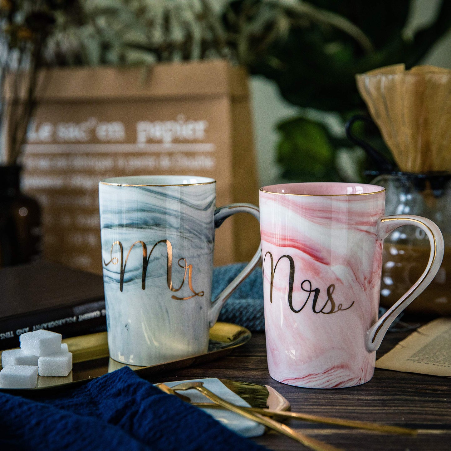 Jumway Wedding Gifts for Bride and Groom, Gifts for Bridal Shower Engagement Wedding and Married Couples Anniversary - Ceramic Marble Coffee Mugs with Real Gold Mr/Mrs Letters 14 Oz Pink