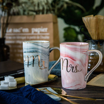 Jumway Wedding Gifts for Bride and Groom, Gifts for Bridal Shower Engagement Wedding and Married Couples Anniversary - Ceramic Marble Coffee Mugs with Real Gold Mr/Mrs Letters 14 Oz Pink