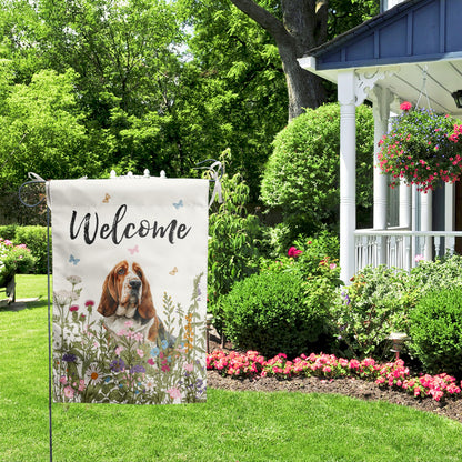 Spring Summer Garden Flag Floral Basset Hound Yard Flag Flower Dog Garden Flags for Outside Small Outdoor Welcome Flags 12x18 Double Sided