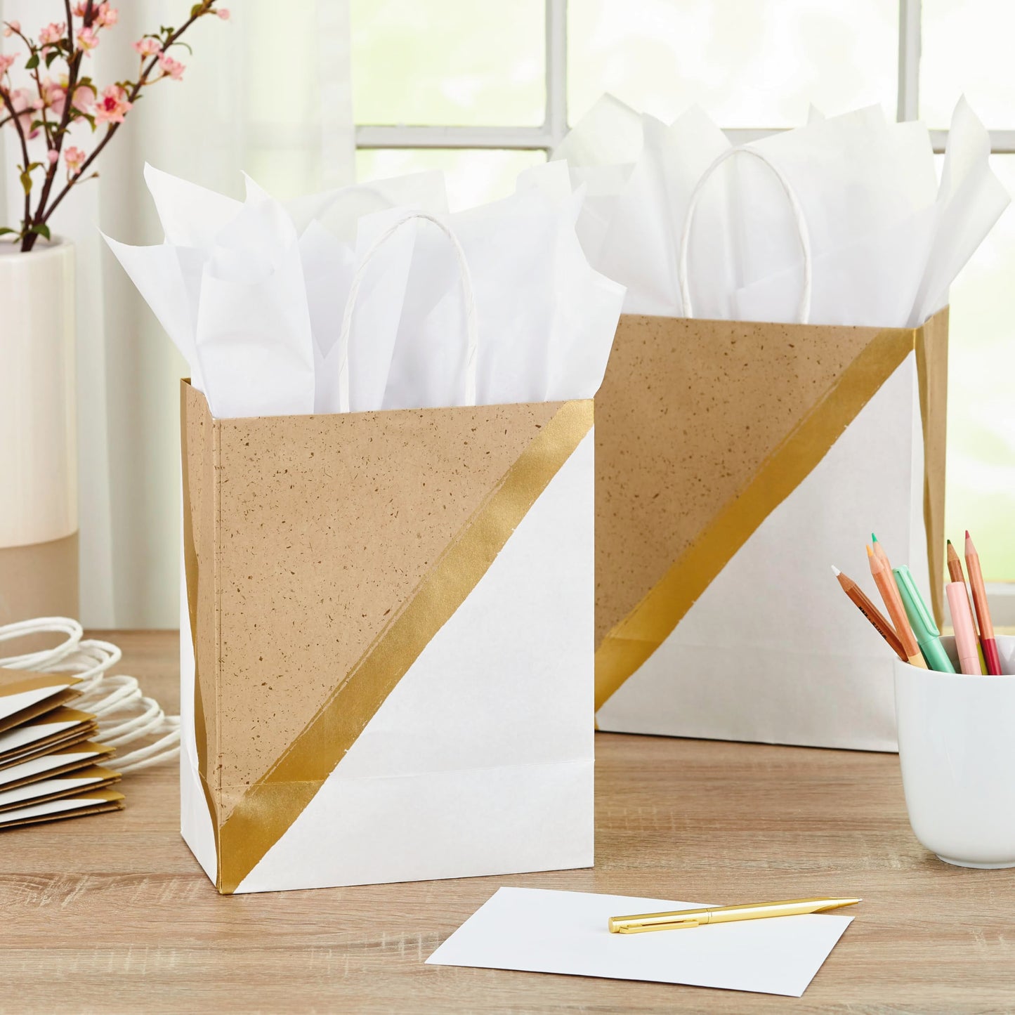 Hallmark 9" Medium Paper Gift Bags (Pack of 8 - White & Kraft) for Valentine's Day, Easter, Birthdays, Mother's Day, Weddings, Graduations, Baby Showers, Bridal Showers, Care Packages and More