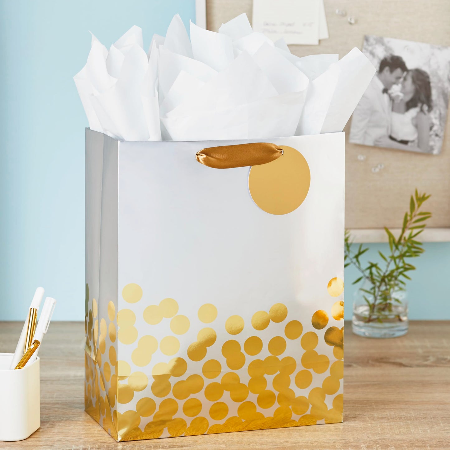 Hallmark 13" Large Gift Bag with Tissue Paper (Gold Foil Dots on Silver) for Valentine's Day, Graduations, Engagements, Bridal Showers, Weddings, Any Occasion