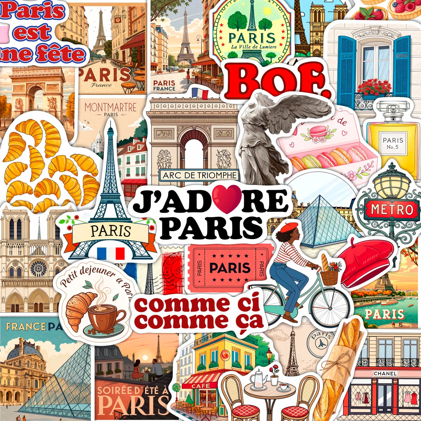 100Pcs French Stickers - Paris France Stickers for Water Bottle, Laptops - Eiffel Tower Decals - Paris Party Supplies - Gift for Women & Men