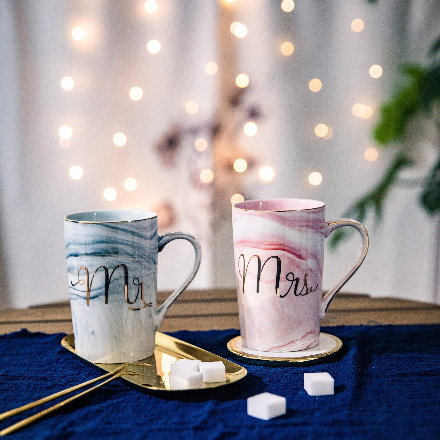 Jumway Wedding Gifts for Bride and Groom, Gifts for Bridal Shower Engagement Wedding and Married Couples Anniversary - Ceramic Marble Coffee Mugs with Real Gold Mr/Mrs Letters 14 Oz Pink