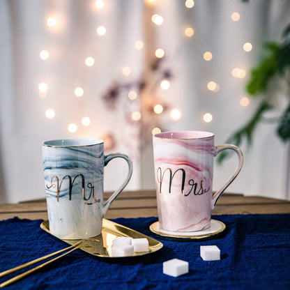 Jumway Wedding Gifts for Bride and Groom, Gifts for Bridal Shower Engagement Wedding and Married Couples Anniversary - Ceramic Marble Coffee Mugs with Real Gold Mr/Mrs Letters 14 Oz Pink