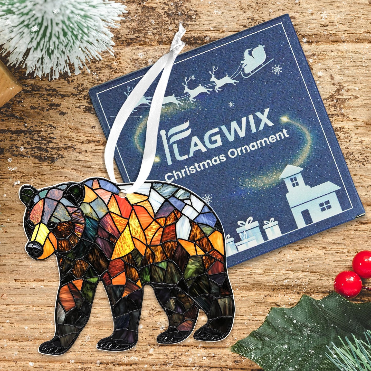 FLAGWIX Christmas Bear Gifts for Women - 2D Flat (Not 3D) Acrylic Christmas Ornaments 2025 Tree - Brown Bear Ornaments, Animal Lover Birthday Gifts for Women Men Mom Dad Friend, Animal Lovers Gift