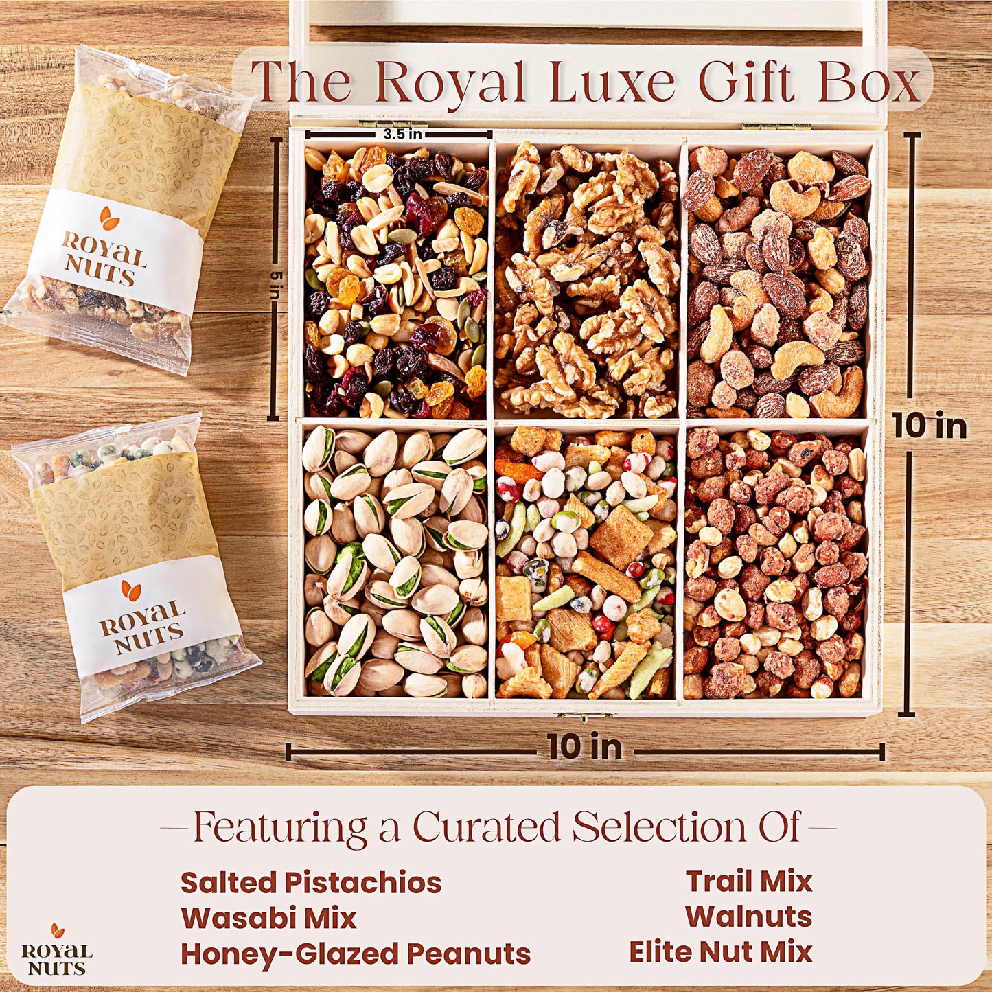 Royal Nuts Gift Basket – Mothers Day Gifts for Mom & Wife, Gourmet Mixed Nuts in Reusable Wooden Crate, Healthy Mothers Day Gift for Grandma & Family