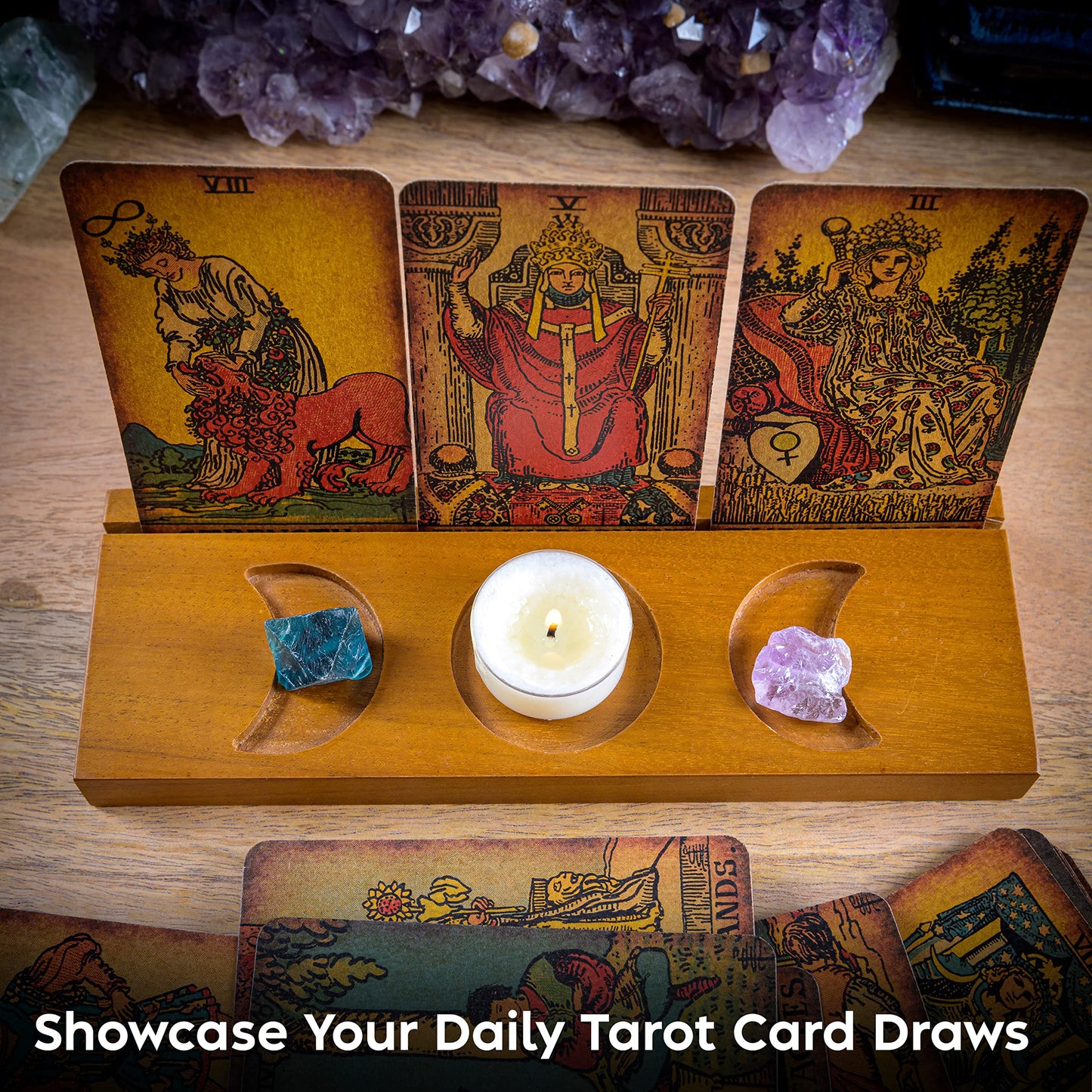 Tarot Card Holder Stand - Display Your Daily Draw - Witchy Gifts for Women, Tarot Accessories, Wiccan Altar Supplies, Witchcraft Decor, Divination Tools - 3-Card Stand with Etched Moon