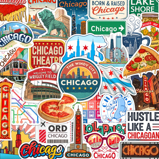 100Pcs Chicago Stickers and Decals for Luggage, Water Bottle - Chicago Gifts, Party Supplies - Travel USA Cities Stickers - Gift for Women & Men
